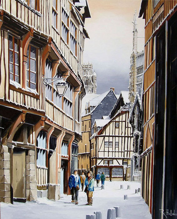 Rouen: Rue Malpalu sous la neige.