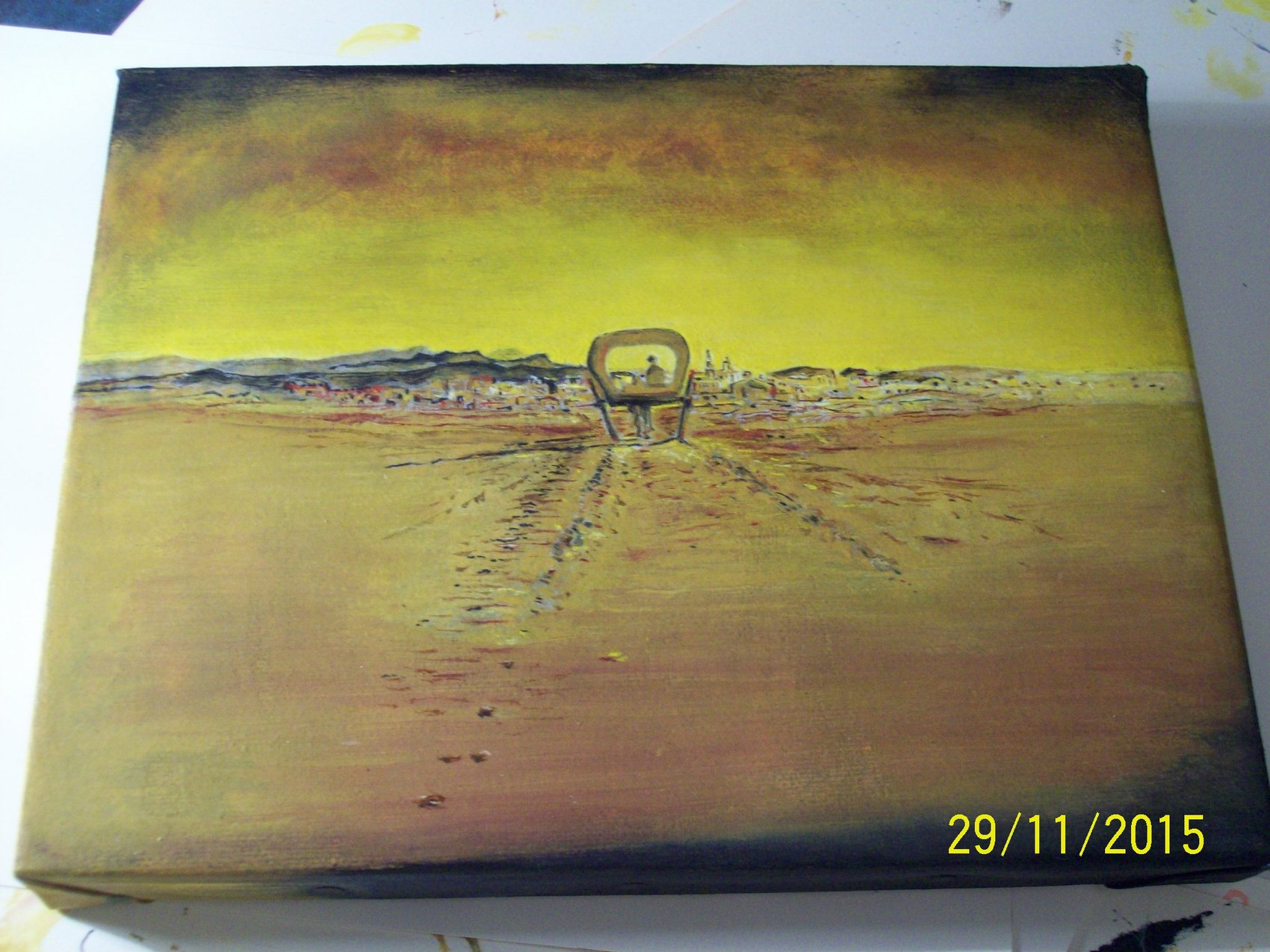 Reproduction fid&egrave;le de S. DALLI "La charette fant&ocirc;me", peinture &agrave; l'huile