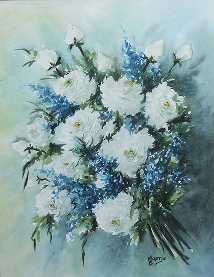 Peinture Brassée de roses blanche et fleurs bleu
