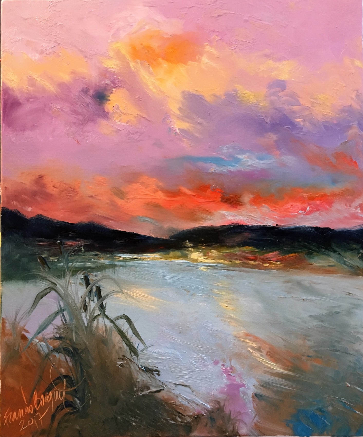 Peinture Coucher De Soleil Sur Les Roseaux