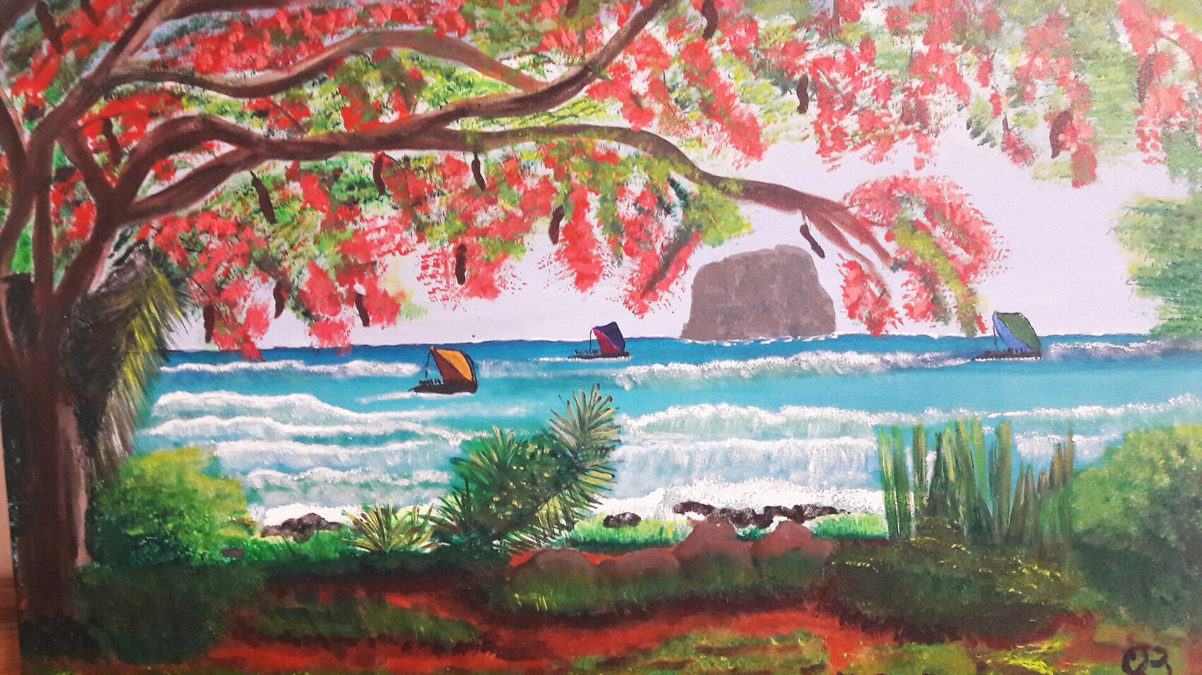 Peinture vue du Rocher Flamboyant