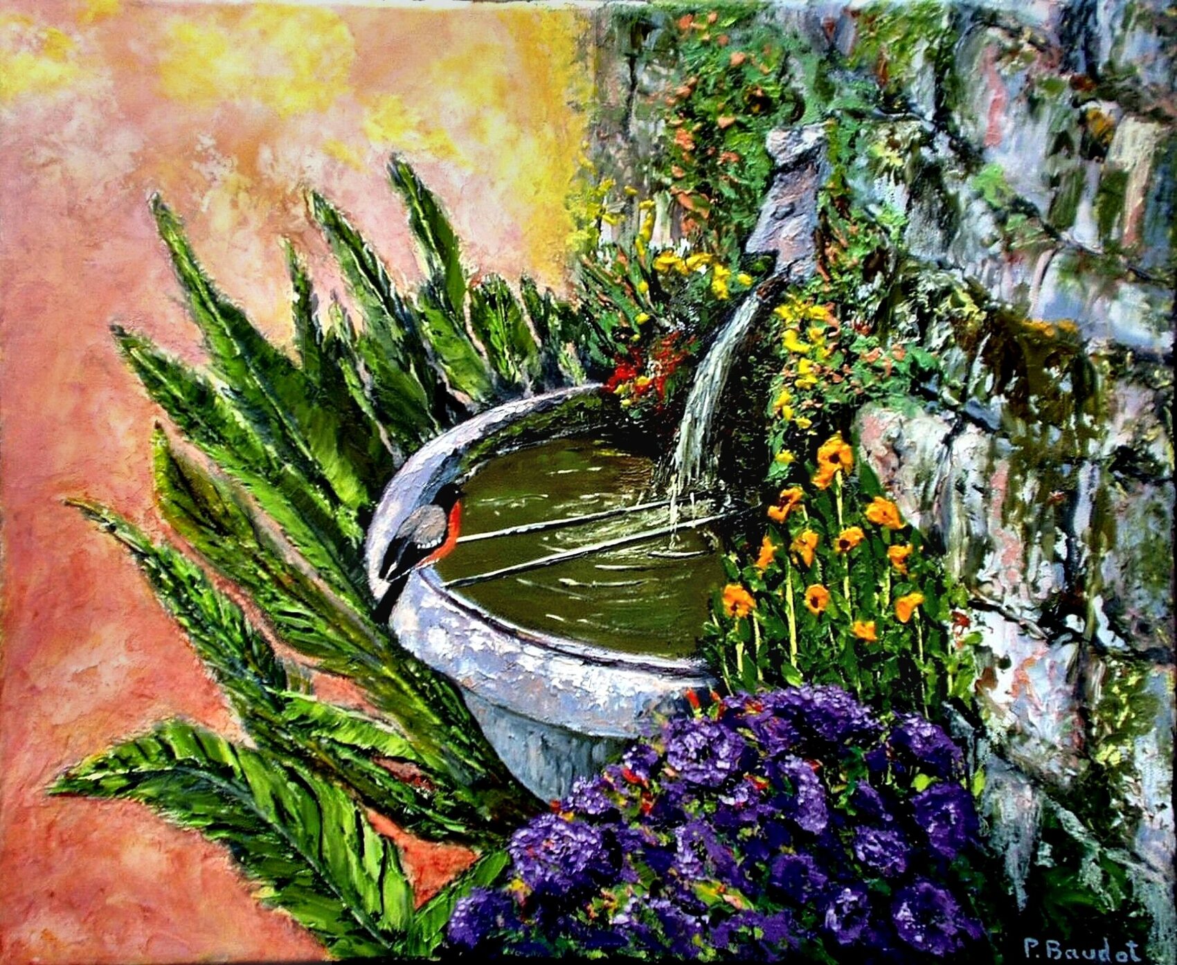 Peinture La fontaine aux oiseaux 2