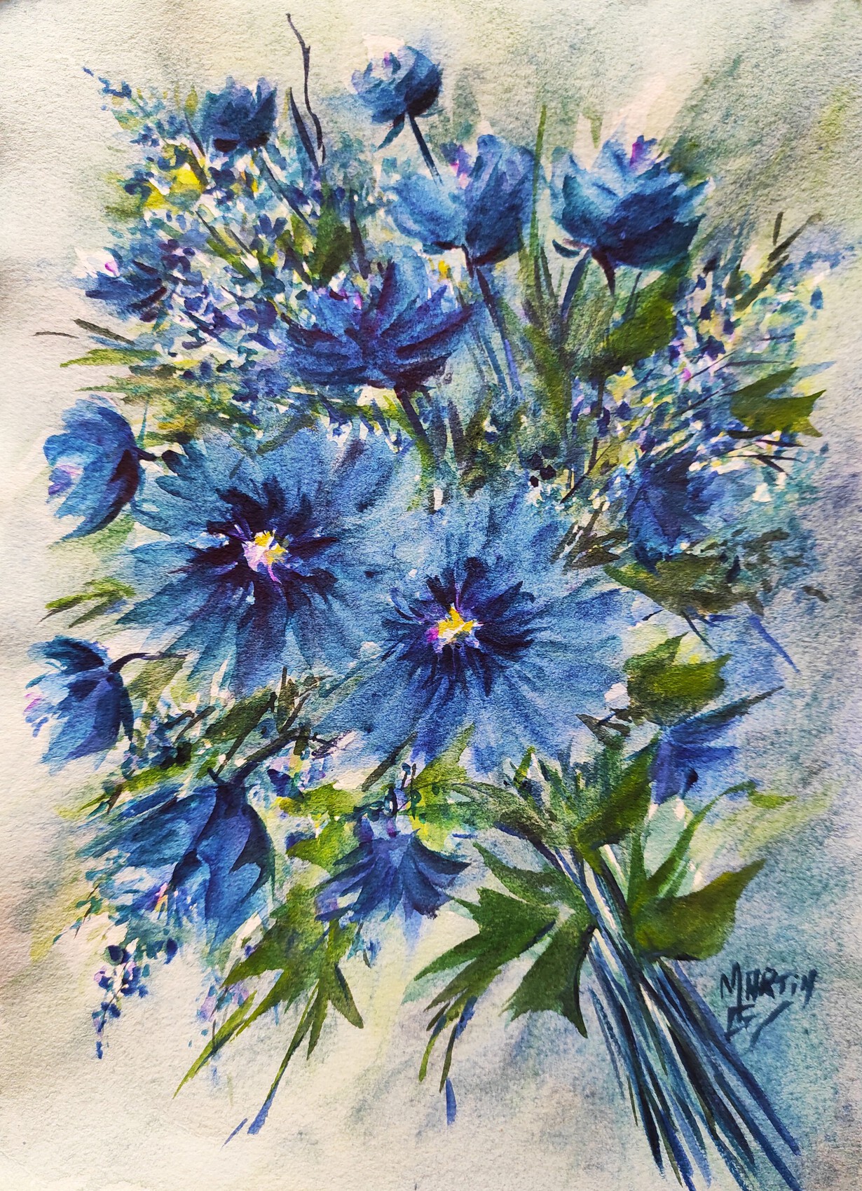 Peinture Aquarelle fleurs bleues