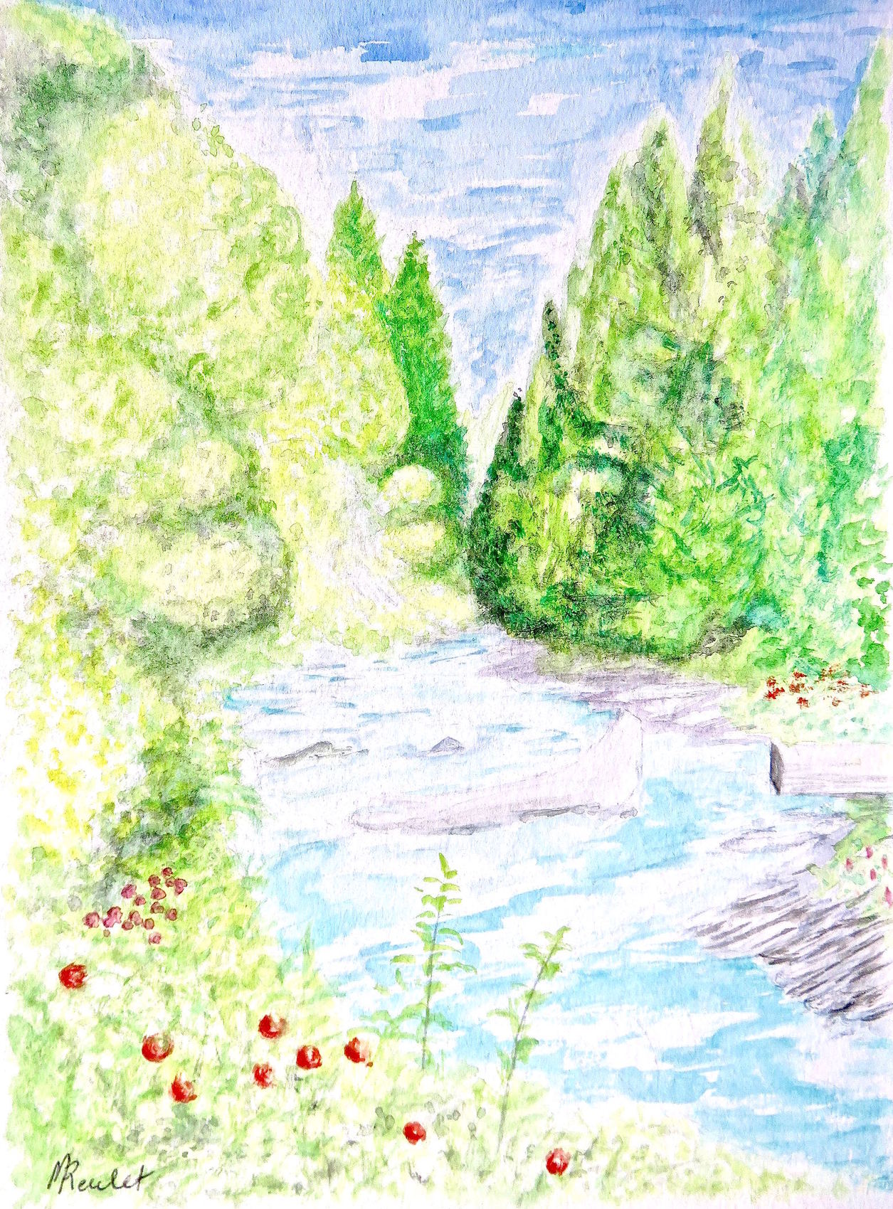 Peinture Le torrent l'Aigue blanche en été / Watercolor A torrent in summer