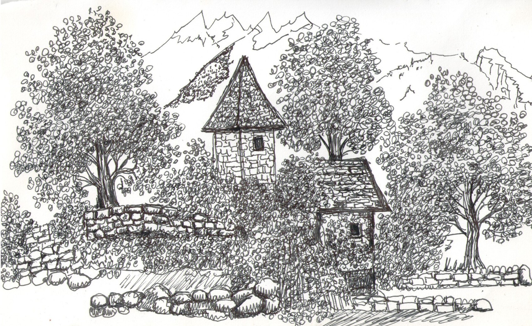 Dessin village perdu