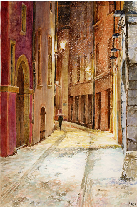 Peinture Rue Gadagne, un soir de neige