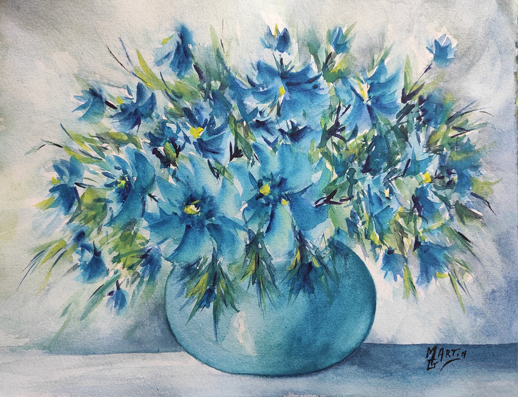 Peinture Aquarelle fleurs bleues 2
