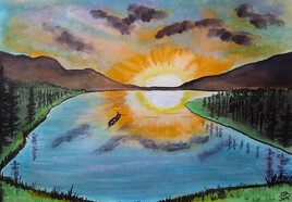 "P&ecirc;cheur sur le lac au couchant"