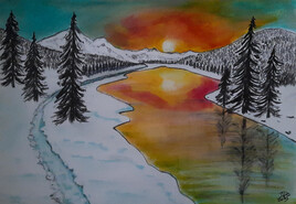 "Chemin dans la neige au couchant"