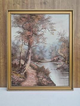 Huile sur toile Vintage signée Irène Cafieri "Berge en automne" (44 x 54 cm)
