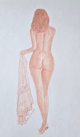 Femme nue portant d&eacute;licatement son jupon