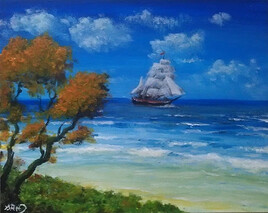 Voilier &agrave; l'horizon - Acrylique 30cm x 24cm - paysage imaginaire