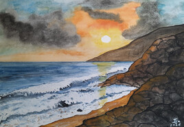 "Waves and rocky shore at sunset" "Waves and rocky shore at sunset"