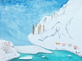 Le lac gelé et le renard/  Painting : A frozen lake and a fox
