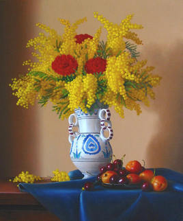 Peinture à l'huile, "bouquet de mimosas et oeillets" (65cm x 54cm) 15F