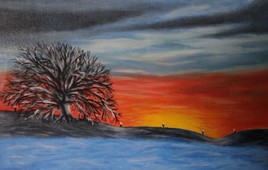 Coucher de soleil sur paysage d'hiver.