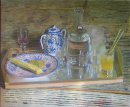 Nature morte &agrave; la th&eacute;iere bleue et &agrave; l'orangeade