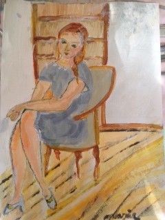 jeune fille assise en robe bleue