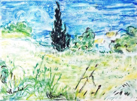 Champ de blé vert avec cyprès / Drawing Green wheat field with cypress