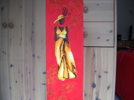 Tableau peinture huile et collage de plumes "Mannequin"