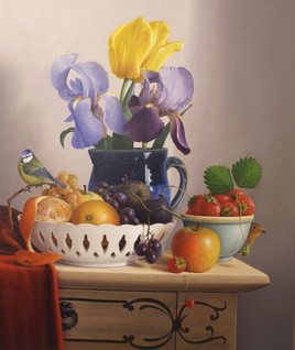 L'ensemble à la coupe de fruits et trio fleurs (55 x 46 cm) 10F