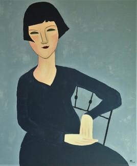 Femme assise a la veste bleue