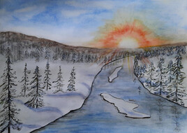 "Evening glow over the snowy pines"