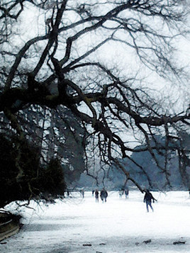 Promeneurs sur le lac du Bois de Boulogne en hiver