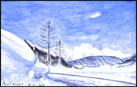 Route enneig&eacute;e du Queyras / Painting : a snowy road in Queyras