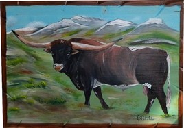 TABLEAU PEINTURE SUR BOIS VACHE LONGHORN PAINTING COW  TEXAS AMERIQUE