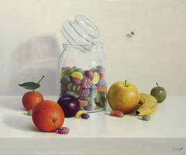 Peinture à l'huile "Le bocal de bonbons et fruits" ( 46cm x55cm) 10F