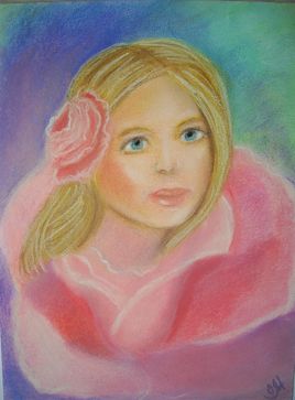 Dessin au pastel sec "Rose Tendresse", portrait féminin romantique