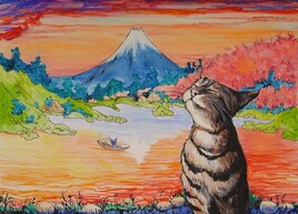 chat heureux au mont Fuji
