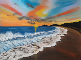 "Waves, foam and colorful sky"