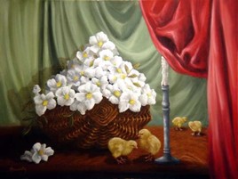 panier de fleurs et poussins