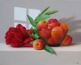 Peinture à l'huile "Bol d'abricots et branche de pivoine" (33 x 41 cm) 6F