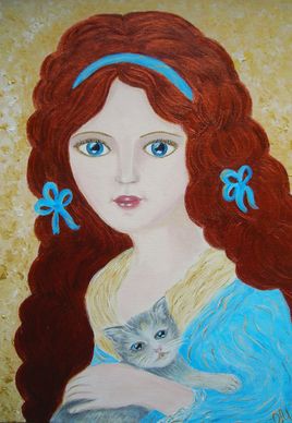 Peinture acrylique Portrait d'une fille romantique au chaton sur carton entoilé