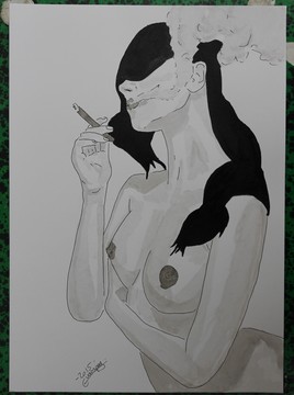 dessin nu f&eacute;minin erotique portrait "Un cigare"