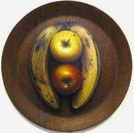 Peinture à l'huile dans une assiette en bois "les pommes et les bananes".