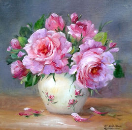 Des jolies roses au pot de porcelaine