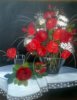 BOUQUET D'UN SOIR TABLEAU A L'HUILE 46 X 51