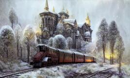 Un train devant un manoir