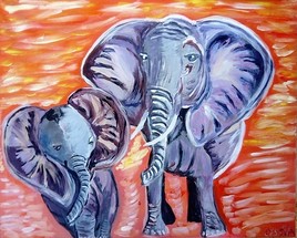 Elephante et son petit sur fond orange