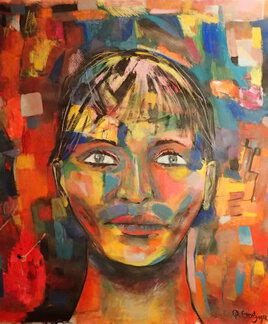 Portrait à la jeune femme (acrylique, pastels, craies grasses sur papier, 78x85cm)