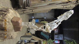 Bouteille en plastique sur socle merisier