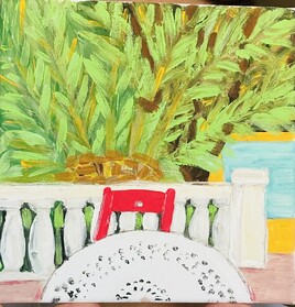 Terrasse ramadienne sa piscine et ses palmiers à midi