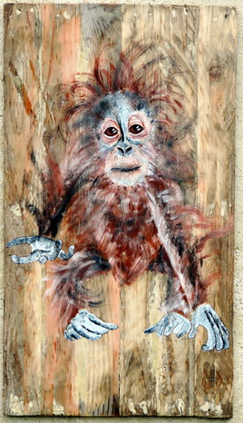 "Bébé Orang Outang en danger" peinture sur bois 60 X 45 Jf Gantner
