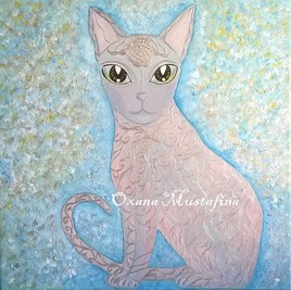 Peinture acrylique Chat Sphynx argent&eacute; &laquo;Cl&eacute;op&acirc;tre&raquo;