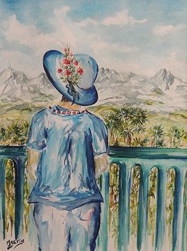 La dame en bleu sur le balcon des PYRENEES à PAU