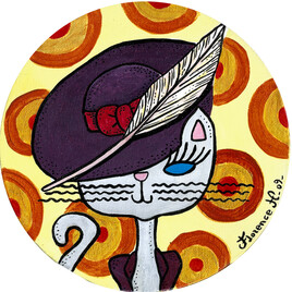 Art naïf portrait de chat en chapeau à la plume
